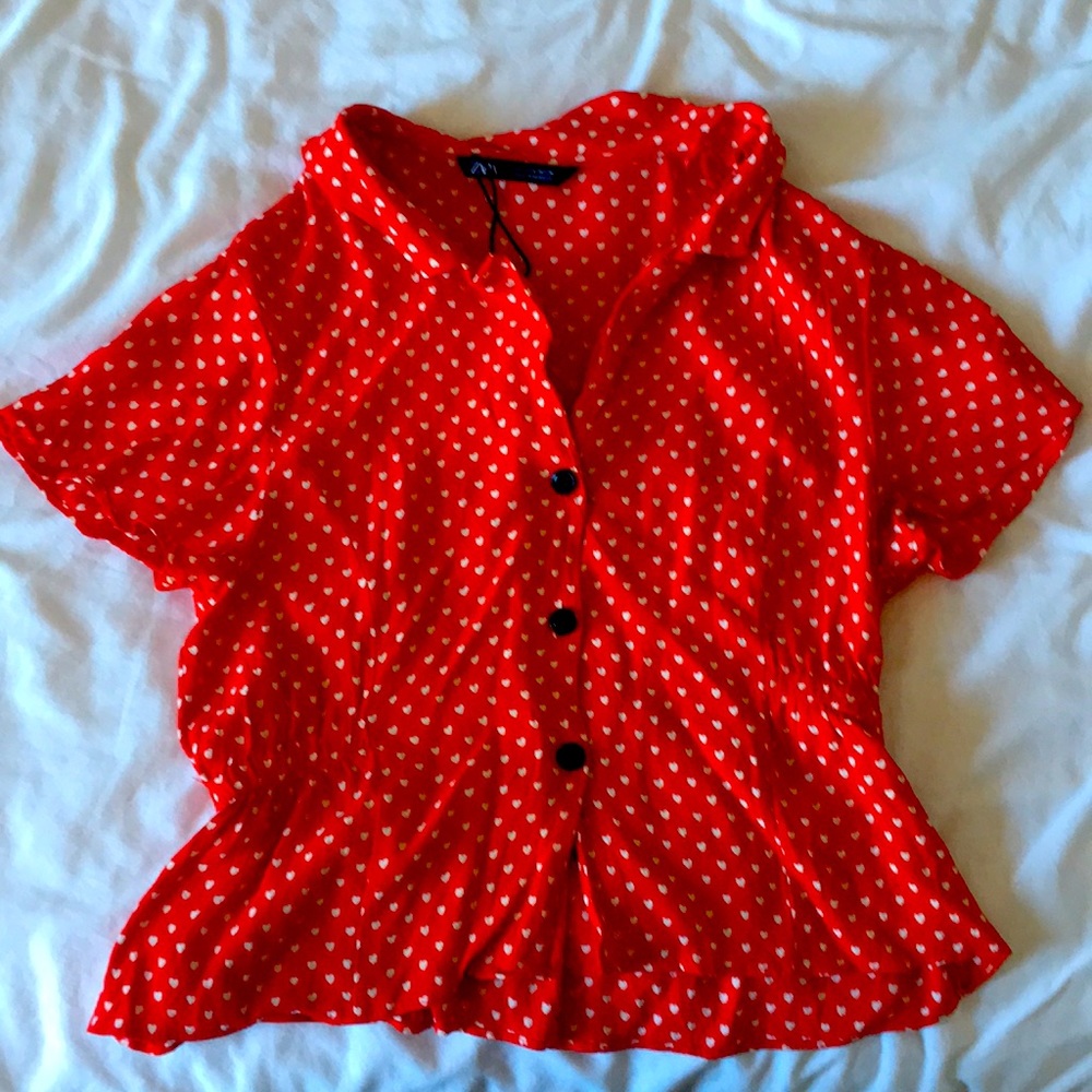 Zara printed heart red top L
